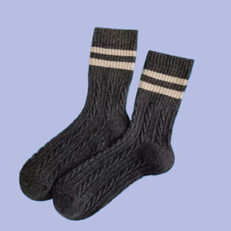 Chaussettes mi-mollet à double barre rayée japonaise pour femmes, chaussettes rétro Pys, marron, chaud, torsadé, optique, automne, hiver, nouveau, 5/10 paires