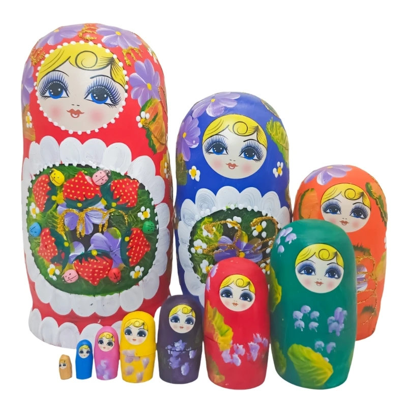 Q0KB Interactive Family Play Wooden Nesting Set 10 Layers Art Strawberry Themed