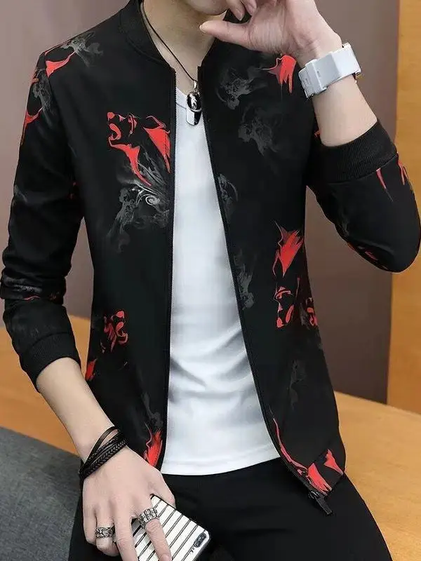 

Spring Autumn Printed Jaet Men's Slim Fit Baseball Sle Trendy Floral Outerwear Thin Haome round Ne Top