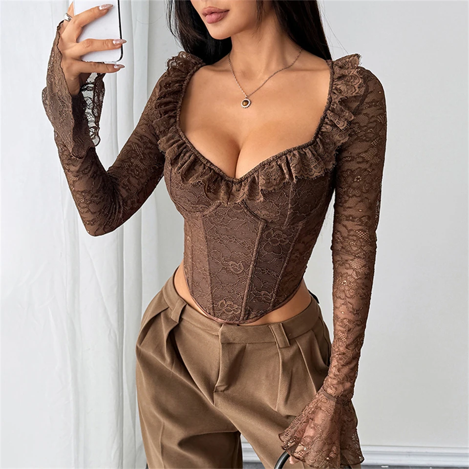 Becirzet Sexy Dessous Damen Spitzenkorsett Transparentes Schlankes Langarm-Mesh-Top Push-Up Bauchkontrolle Knochen-Bustier – Detail 22