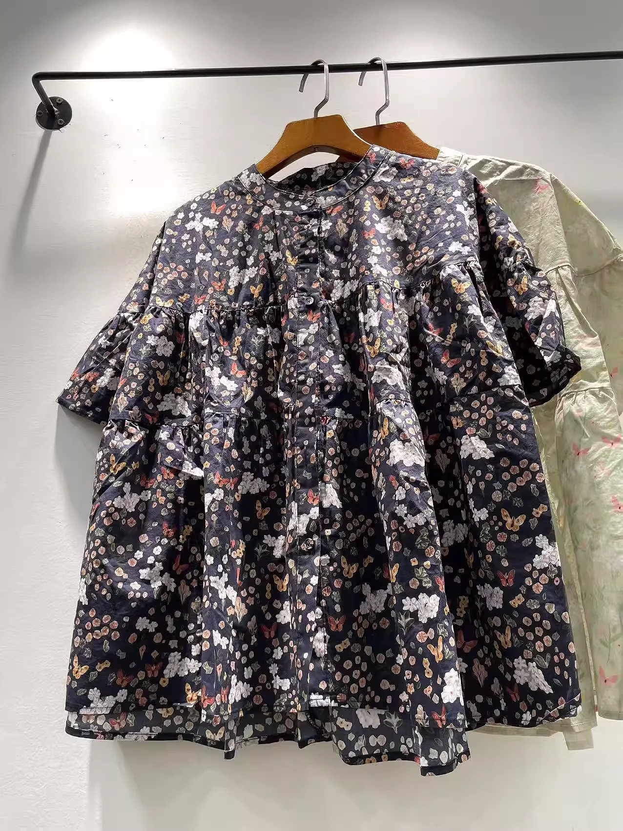 Bust 130cm Cotton Oversized Shirts and Blouses for Women Summer Japanese Style Butterfly Print Shirts Large Size Tops