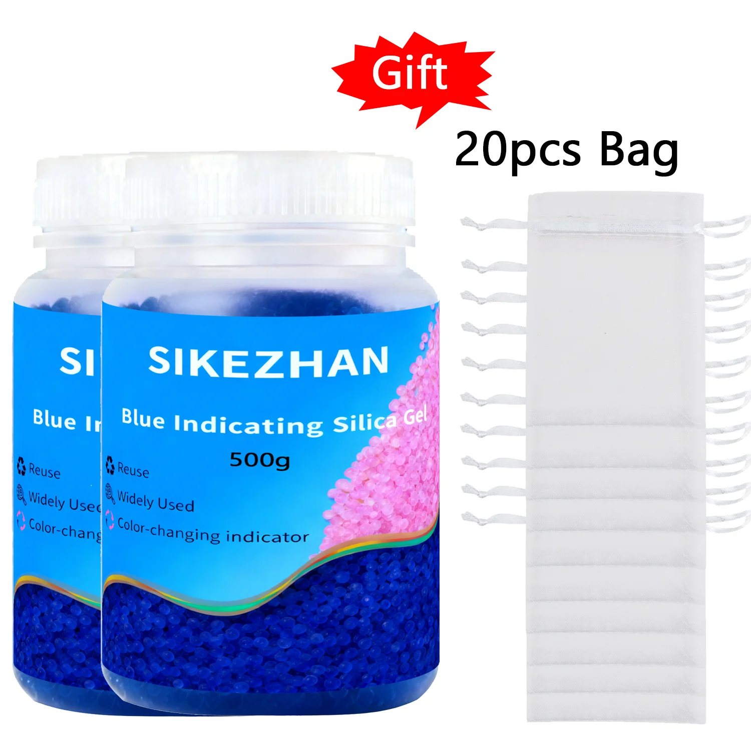 Silicagel-droogmiddel 1000g blauw/oranje herbruikbare vochtabsorberende kralen met 20 kleine zakjes voor opbergcontainers