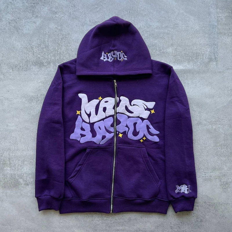 Spot European and American autumn and winter street hip-hop foam printed letter cardigan zipper hoodie youth casual hoodie whole