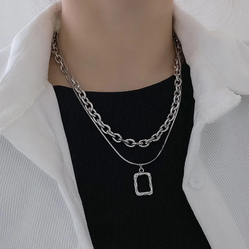 Stainless Steel Double Layer Square Hollow Frame Pendant Necklace Hip Hop Harajuku Ins Style Collarbone Jewelry Women