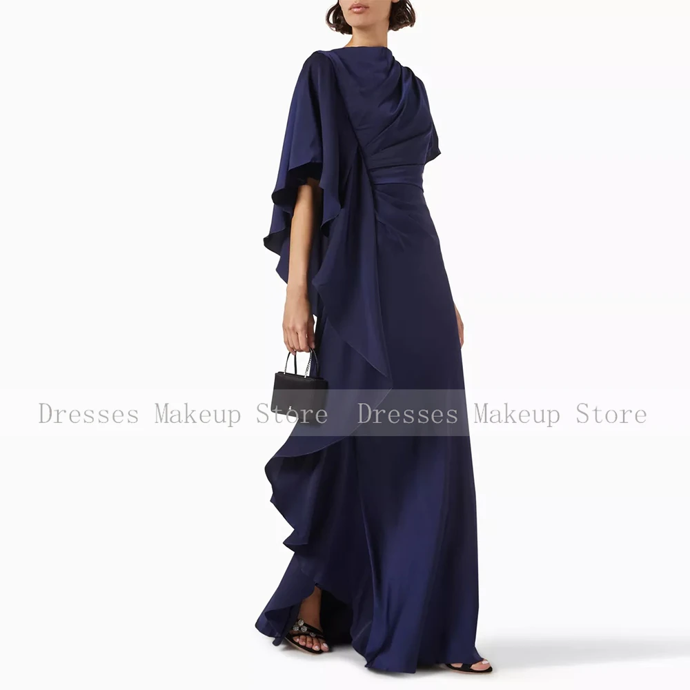 Elegant Evening Dress Navy Blue Satin Pleat Ruffles Women's Evening Gowns Mermaid O Neck Trumpet 2024 Wedding Guest Dresses Long image 3