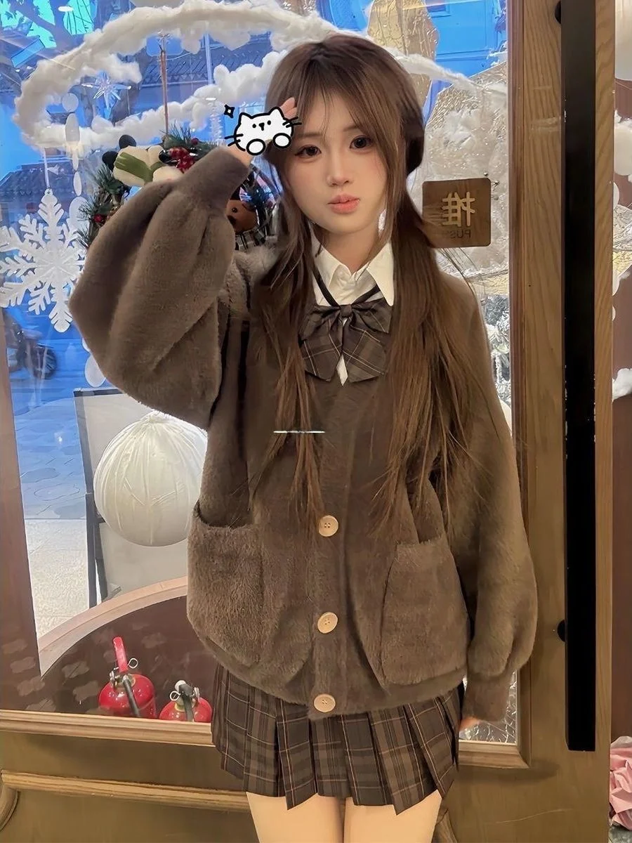 

Комплект из вязаного свитера и пальто в стиле «колледж» для женщин: осенне-зимний пушистый трикотажный костюм с эффектом карамельного хлеба