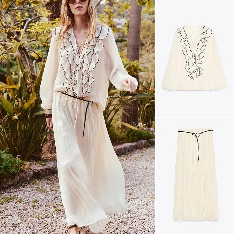 Long Sve V Ne Layered Decorative Semi Transparent irt with Belted Midi Skirt Faionable Two Piece Set Summer 2025