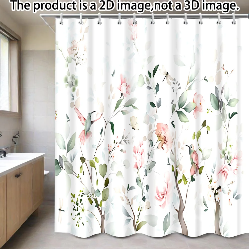

1 PC Shower Curtain in whimsical watercolour with floral branches, hummingbirds on white background, includes 12 hooks, 180 X