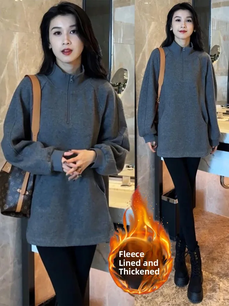 

Утепленная флисовая толстовка с длинными рукавами для женщин, повседневная, средней длины, с воротником-стойкой, свободного кроя, верхняя одежда на зиму 2024