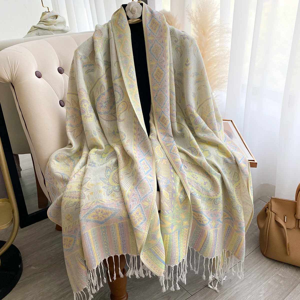 여성용 럭셔리 페이즐리 프린트 자카드 스카프 파시미나 여행용 랩 따뜻한 겨울 판초 숄 패셔너블 액세서리