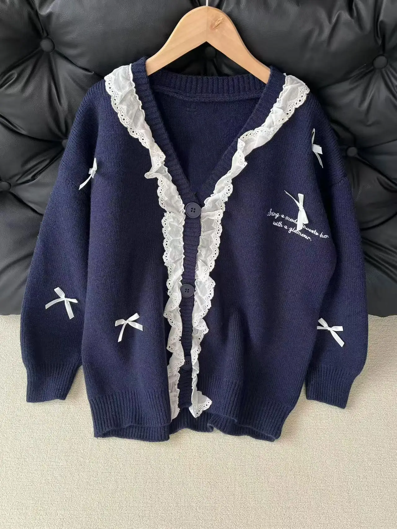 

Sweet Gentle Knot Lace Trim V-Ne Knitted Open Cardigan Loose Lazy Sle Sweater Jaet for Women Winter Thiened...