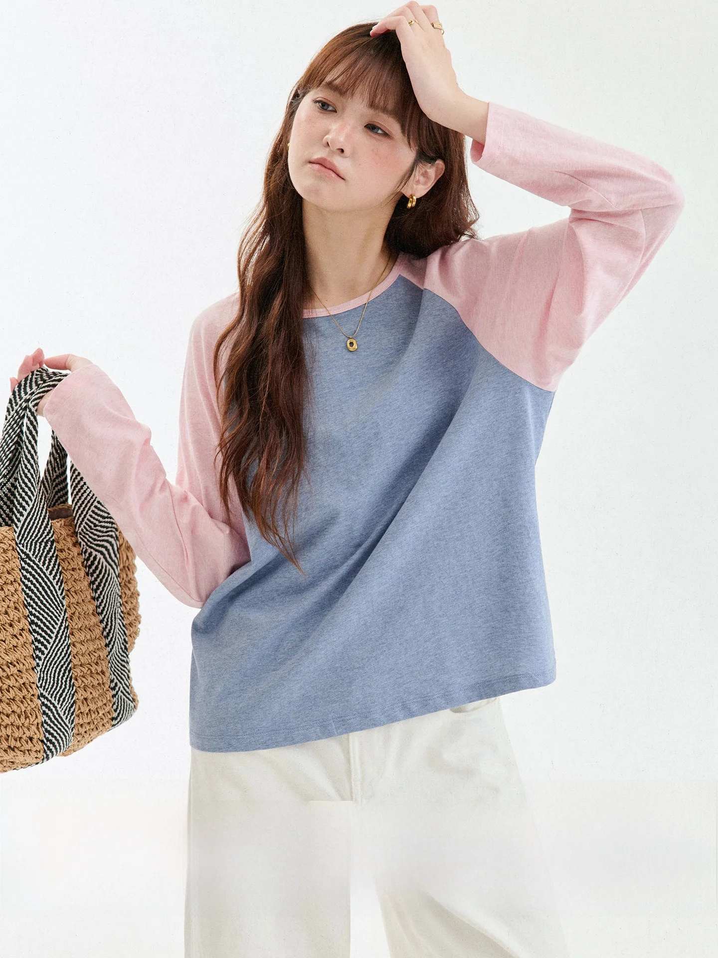 Dopamine Color Block Shoulder Sleeve Pure Cotton Women's T-shirt Autumn New Style Back Button up Top Korean Style Loose Fit
