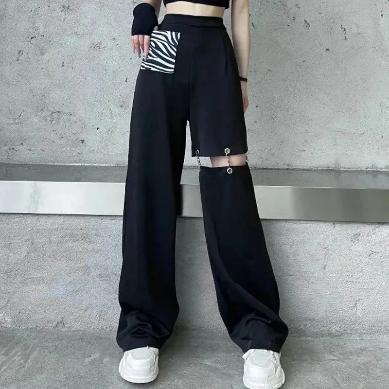 

Fashion Harajuku Hollow Out Wide Leg Pants Women High Waist Elastic Streetwear Straight Trousers Summer Hip Hop BF Goth Pants