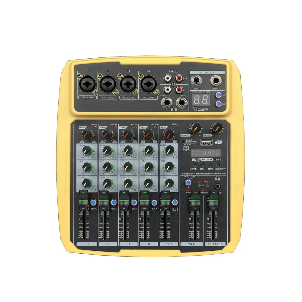 Professional 6 Channels Yellow Color Audio Mixer With Sound Card Usb Interface