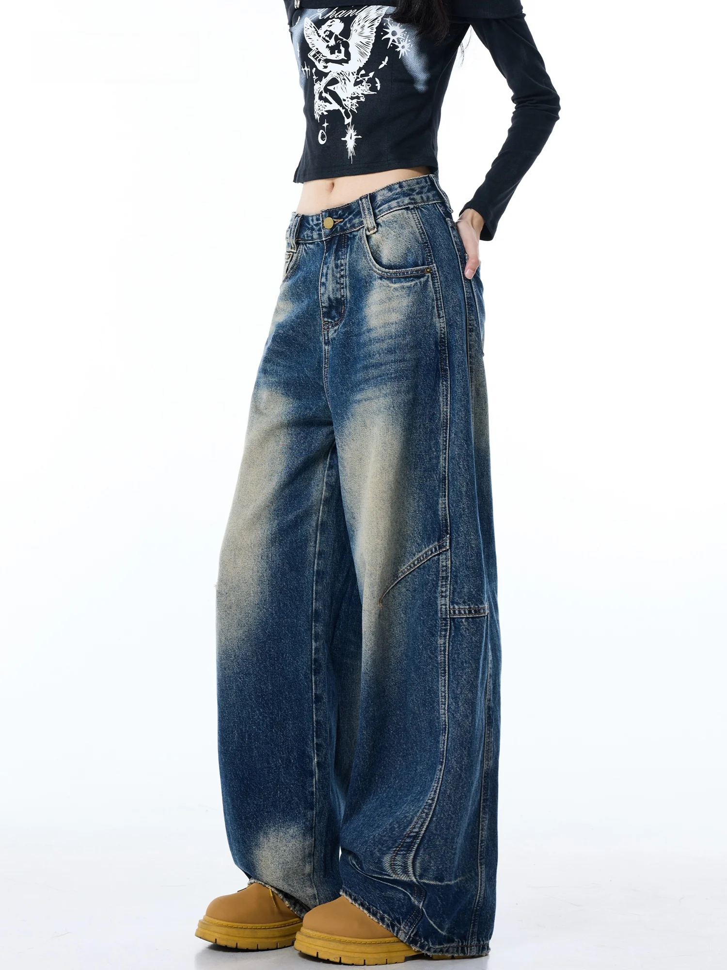 Washed American Retro Knife  Denim Pants High Street Loose Wide Leg Deconstructed Floor Length Trousers for Women