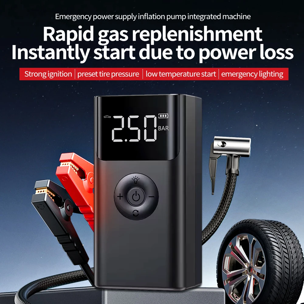 12V Car Jump Starter with Air Compressor 600A Peak 150PSI Tire Inflator Power Bank LED Lights Portable Battery Booster