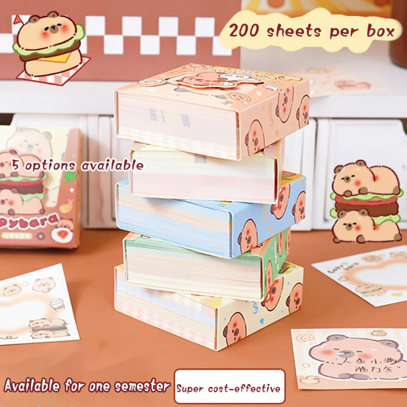 Cute Cartoon Capybara Note Book, papel de nota tearable, tipo pull-out, papelaria estética, 200 folhas