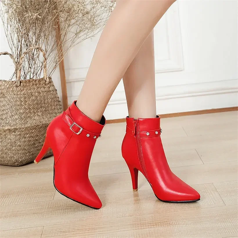 Big Size Winter Women Ankle Boots Red Black 9cm High Spike Heels Casual Office Ladies Fashion Crystal Buckle Zipper Short Boots