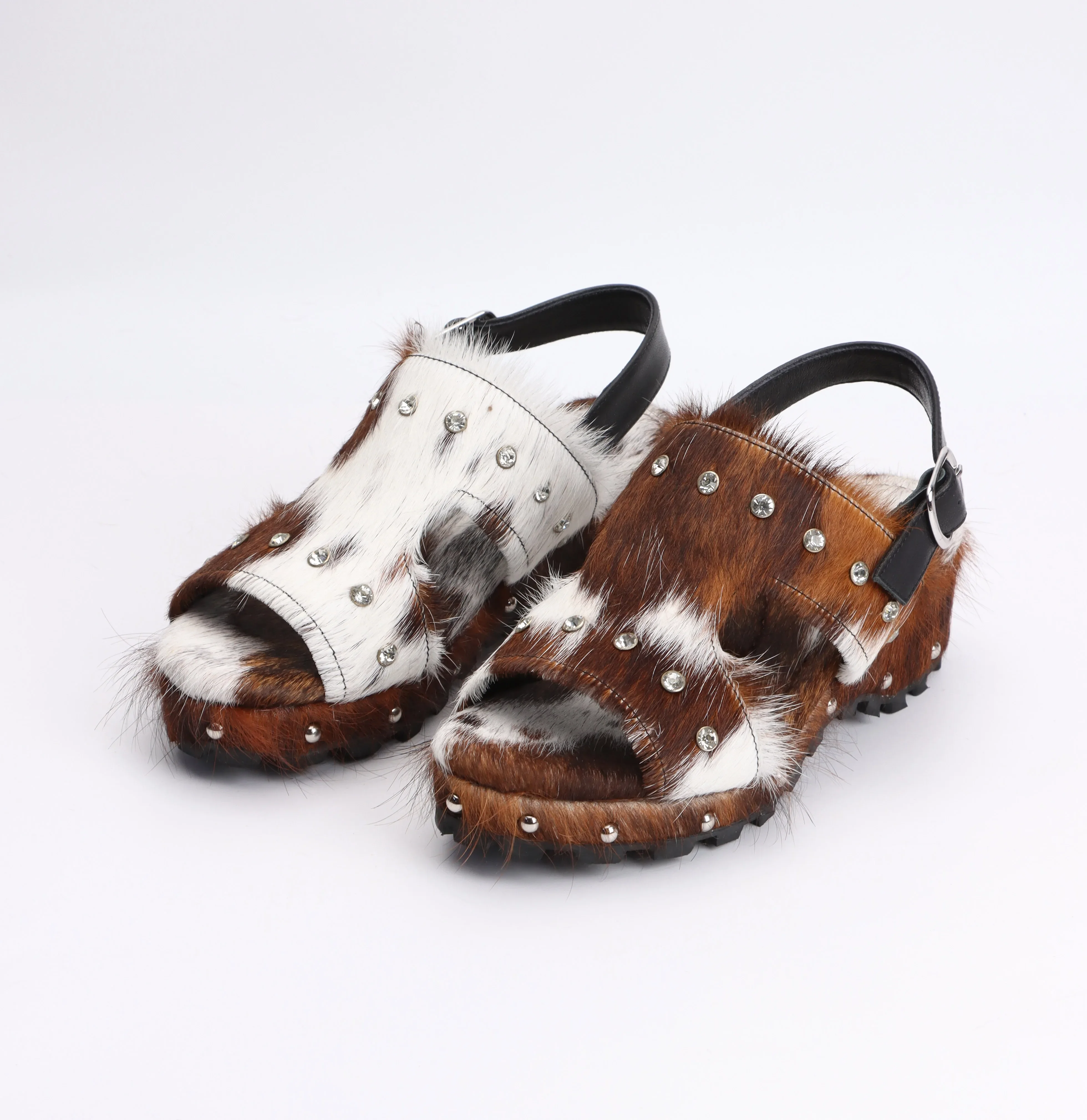 Handmade Cowhide Hair Clogs Sandals Women Western Style Punk Rivet Wedge Heel High Arch Support Anti-Slip Sole Summer Shoes