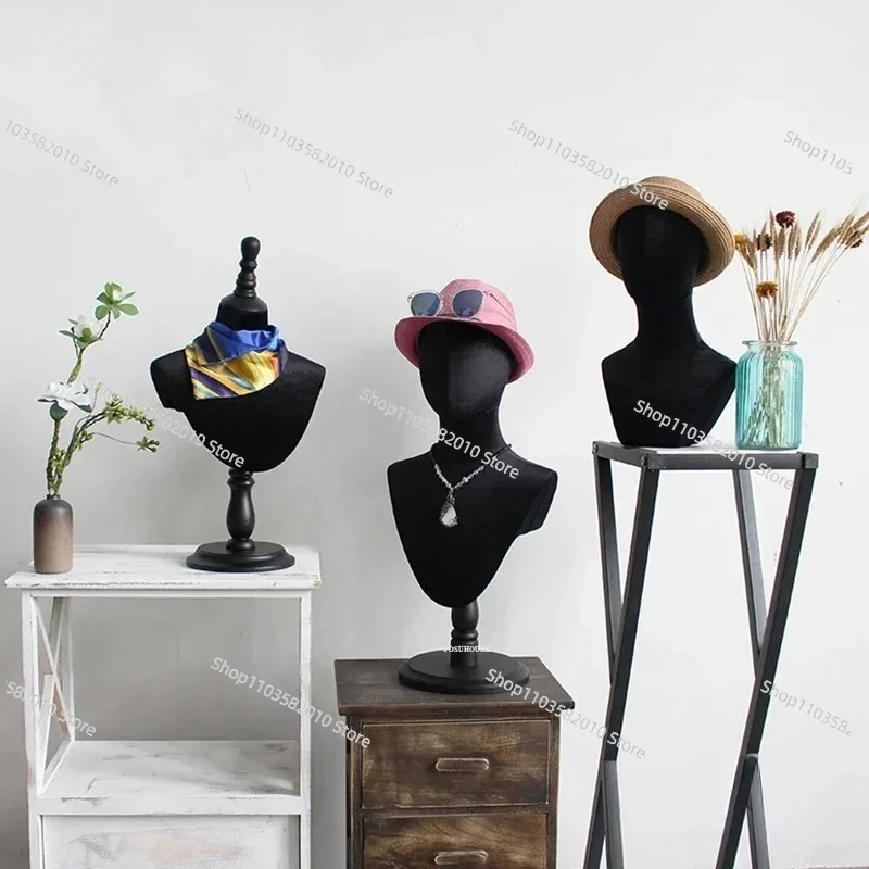 Female Mannequin with Black Velvet Cloth, Clothing Store Mannequin with Head Props, Hat Necklace Scarf Display Stand