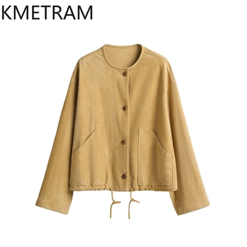 KMETRAM Genuine Leather Jacket Woman Crossbreed Sheep Suede Leather Coat Round Neck Outerwear Crop Coats for Woman Causal 가죽자켓