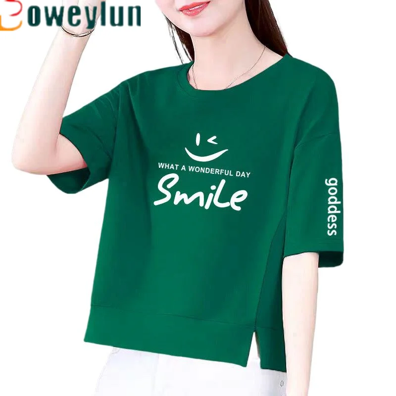 

Boweylun 100% Cotton Casual Five Sleeve T-Shirt Women Summer Smiley Printed Half Sleeve Short Tops Female