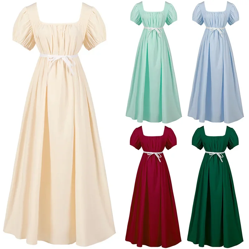 

New Women Medieval Victorian Jane Austen Evening Dress Retro Solid Satin Fabric High Waist A-Line Dresses Carnival Elegant Gown