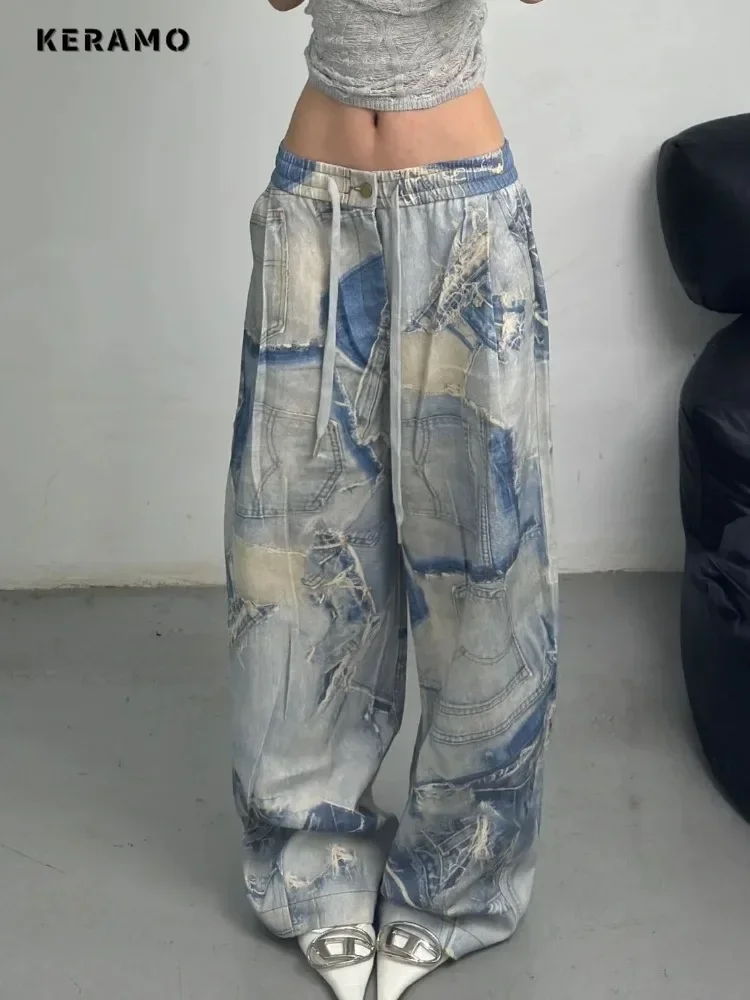 

2024 Summer Women Casual Grunge Drawstring Jean Vintage Loose Aesthetic Washed Pants Y2K Elastic Waist Punk Baggy Denim Trouser