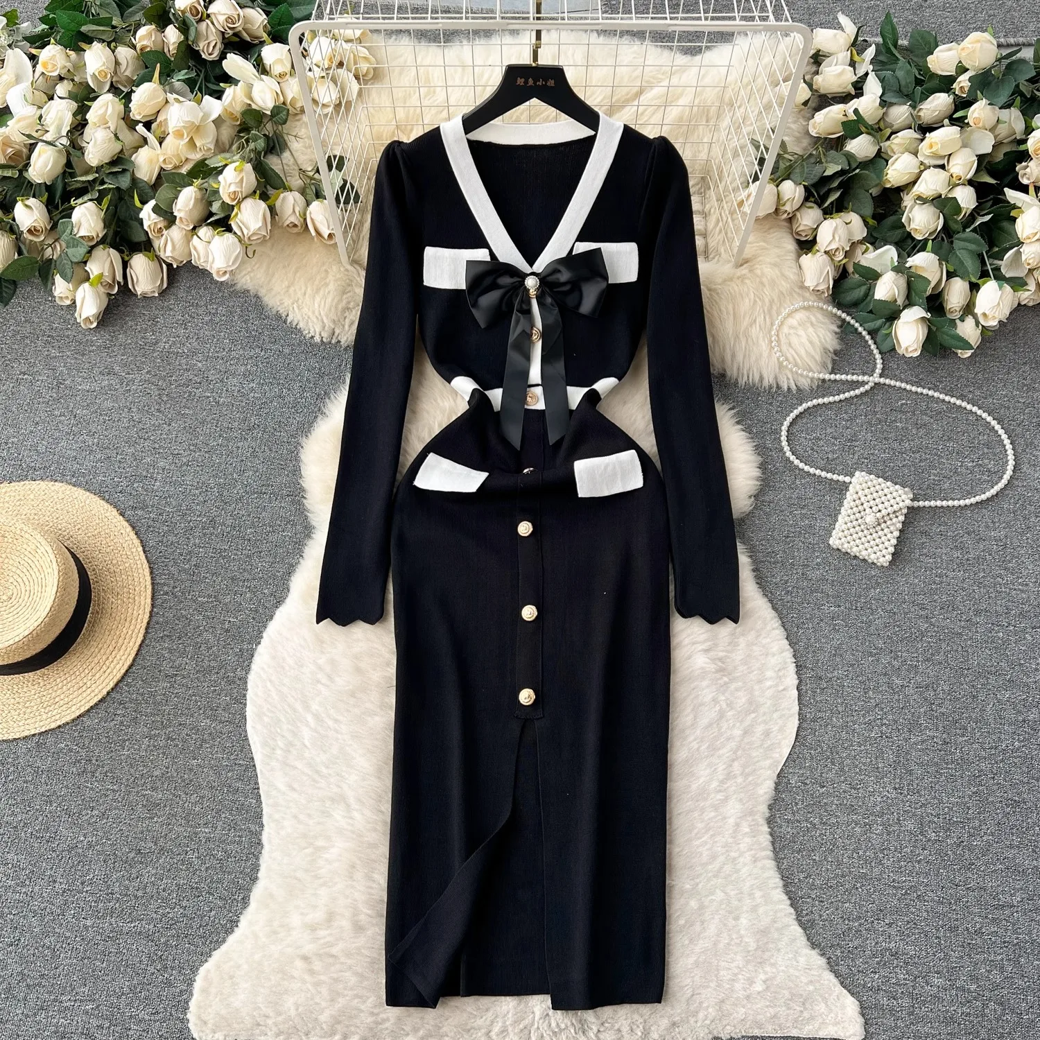 YuooMuoo Elegant Bodycon V-neck Bow Dress Women Autumn Winter 2024 Long Sleeve Front Split Office Lady Dress Chic Party Vestidos