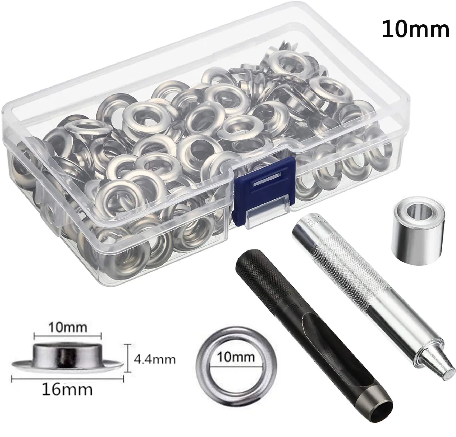 Tülle Werkzeug Kit 100 Sets Ösen Ösen 6mm 10mm 12mm 14mm Innen Durchmesser Silber für Kleidung schuhe Tasche Leder Handwerk DIY