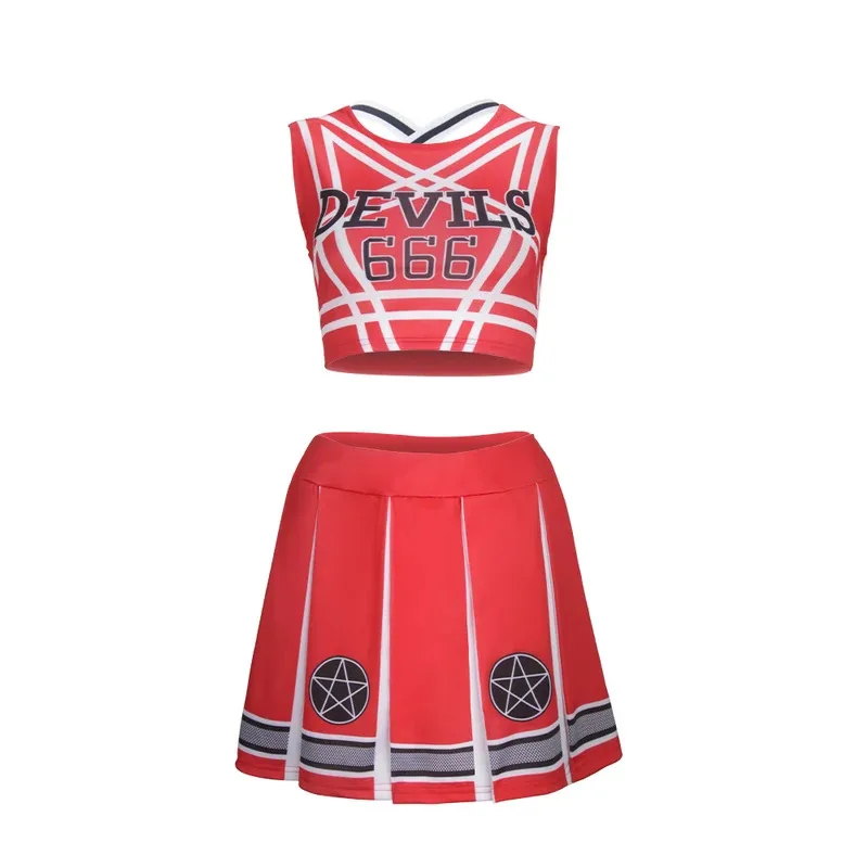 

25COSDevils 666 Cheerleading Costume for Adults Deinfluencer Cosplay Uniform Red Sleeveless Cheerleader Pleated Skirt Dress