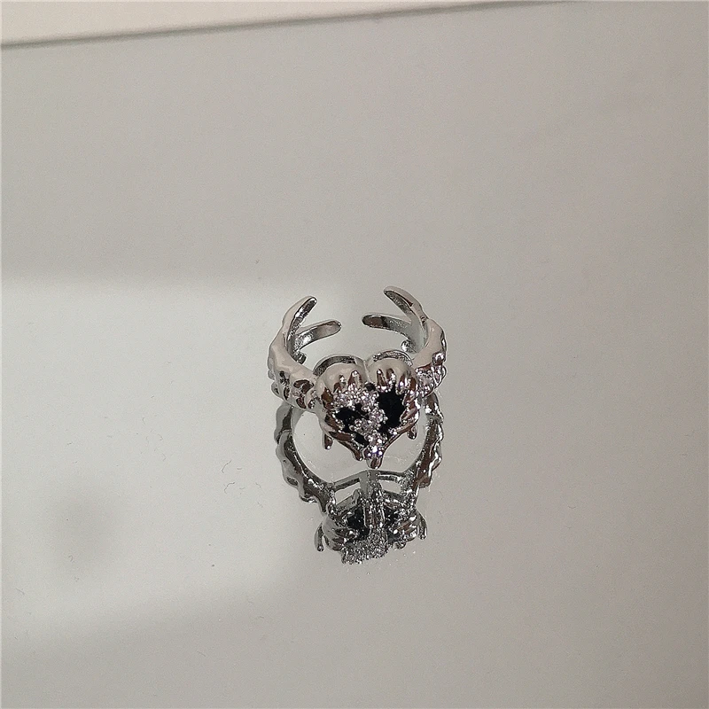 Punk Harajuku Goth Dornen Schwarz Silber Farbe Unregelmäßige Herz Kreuz Offenen Ring Für Frauen Männer Liebhaber Vintage 90er Jahre Y2K Grunge Jewely