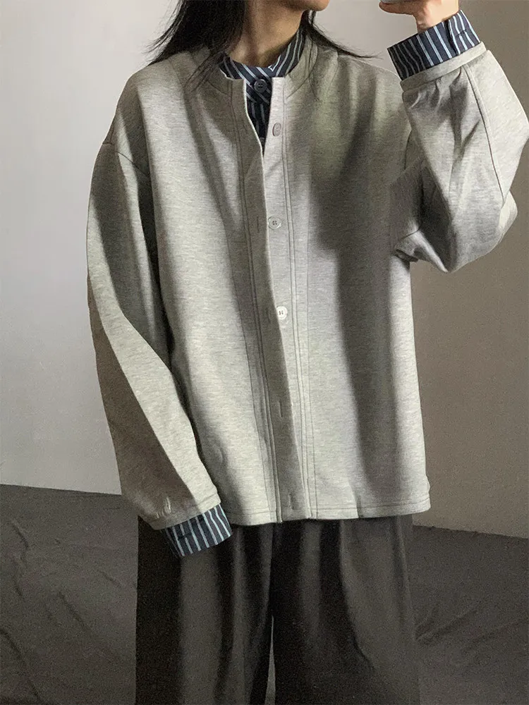 Gray Stripe Patchwork Fake Two-Piece Sweatshirt Unisex Basic Autumn High-End Cleanfit Outerwear Commute Top Youth Trend