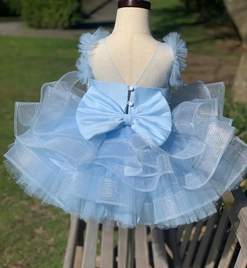 Sky Blue Princess Dress Pearl Beaded Puffy First Communion Dress Flower Girl Dresses Cute Children Girls Dress Custom Made