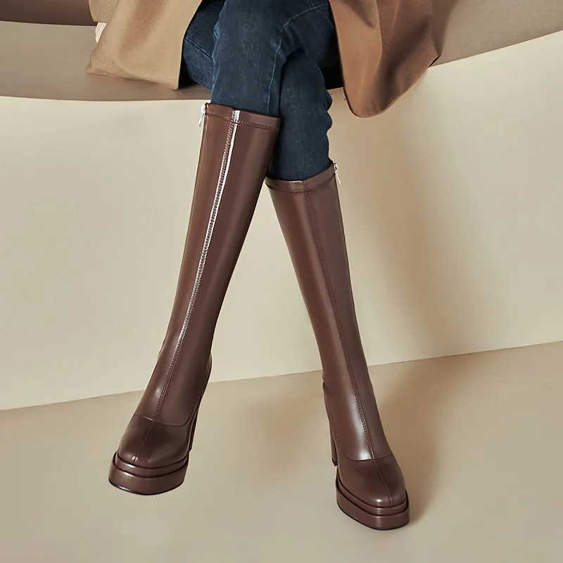 2025 أحذية عالية الخريف جديد جولة تو الجانب سستة منصة عدم الانزلاق مقاومة للاهتراء كعب مربع أحذية عالية الكعب Жénskie Botanки