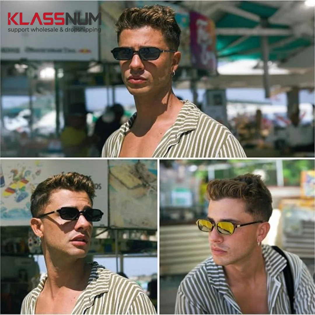 KLASSNUM Trendy Rectangle for Women Men Small Retro Fashion Thin Slim Square Sun Glasses Summer Travel Retro Streetwear Glasses