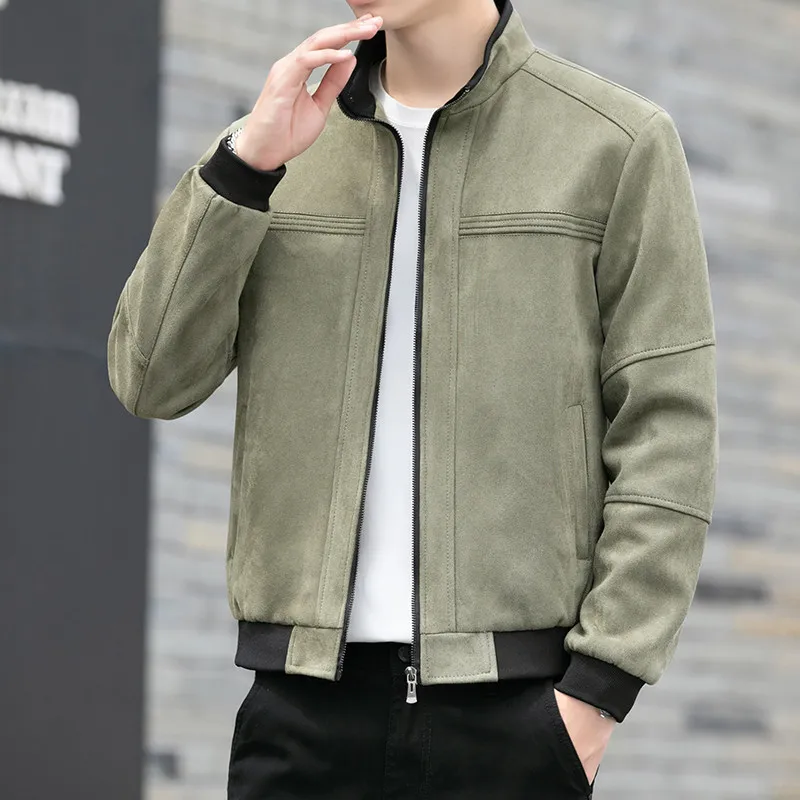 

Spring Autumn Men's Suede Jaet Deer Skin Velvet Casual Stand Collar Zipper Closure Long Sve Outerwear Versatile