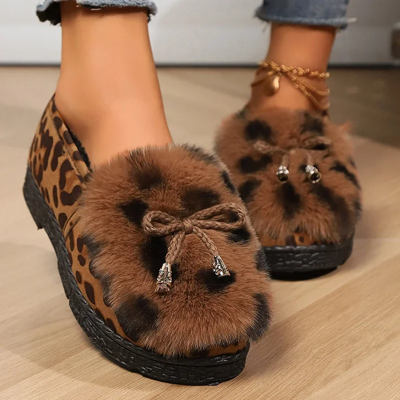 Leopardo Donne Appartamenti di Pelliccia di Cotone Scarpe Breve Peluche Casual Accogliente Scarpe Calde 2024 Inverno Nuova Tendenza Vestito Da