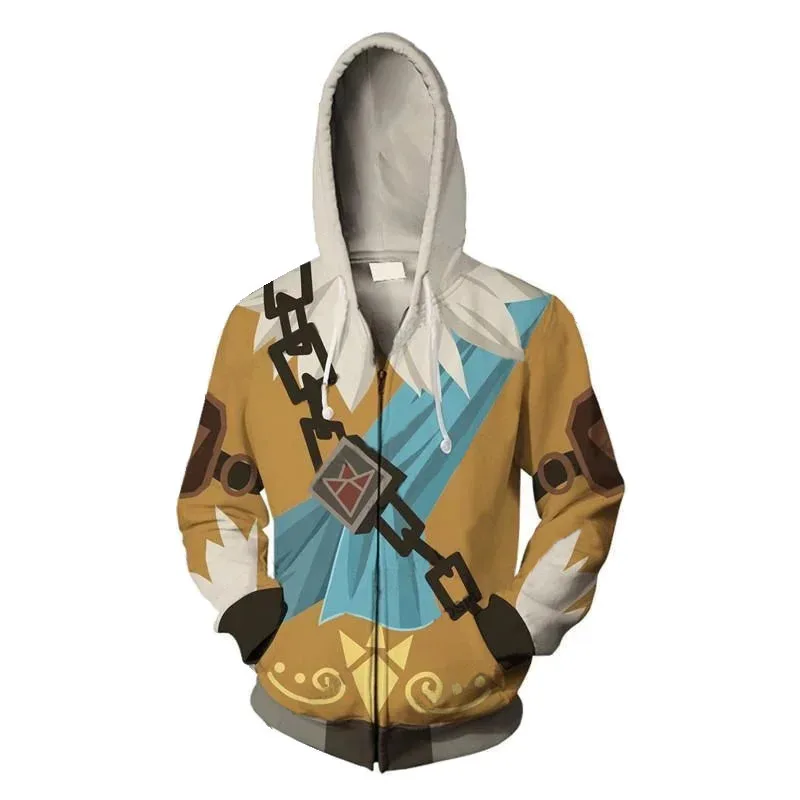 Cosplay lenda zelda link zíper até hoodies topos jaquetas anime impressão 3d moletom para adulto casaco masculino moda streetwear