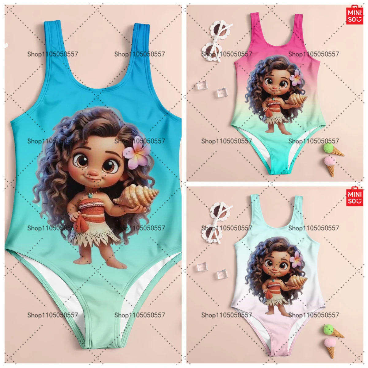 

MINISO Kids' One - Piece Swimsuit: Adorable Cartoon Girl Print, Multiple Vibrant Colors, Perfect for Beach & Pool Fun