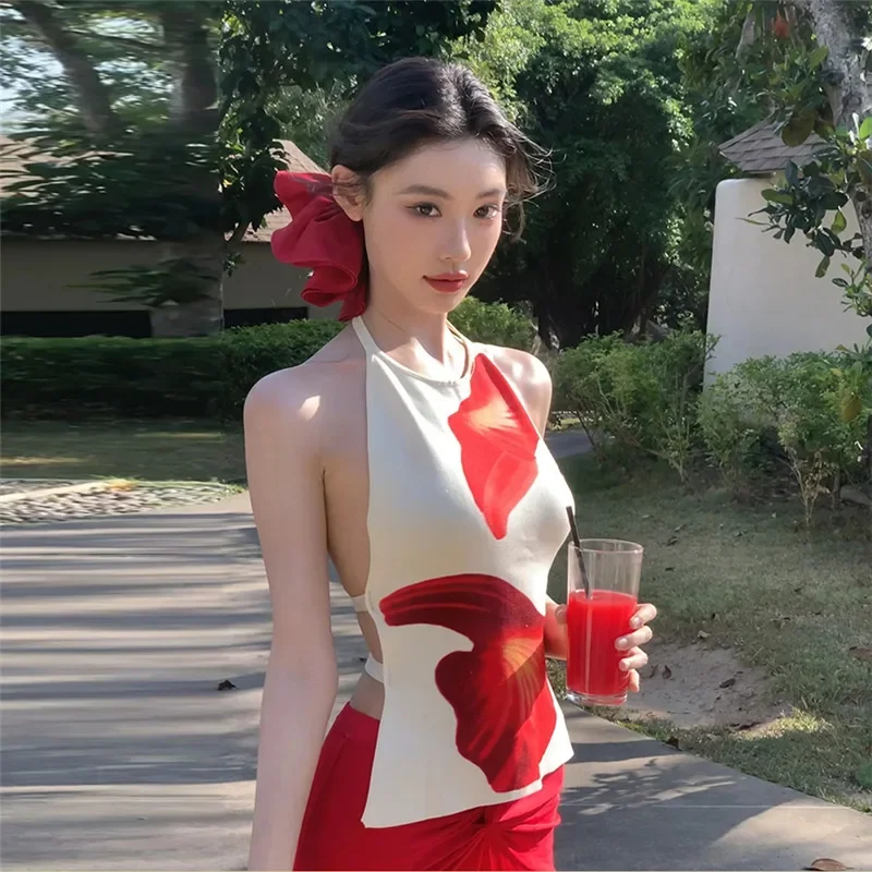 Fashion 2025 Spring and Summer Women's Clothing Seaside Halter Neck Vest Sexy Hip Skirt Set