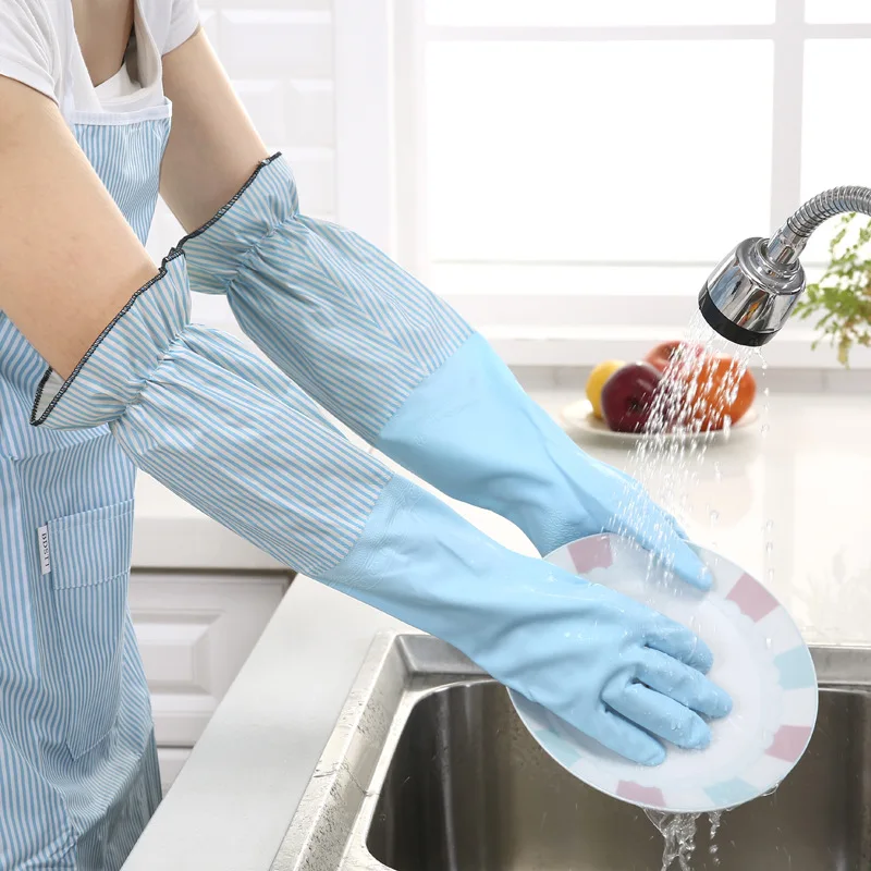 Fashion Cuffed Fleece Warm Household Gloves Kitchen Cleaning Durable Dishwashing Rubber Gloves