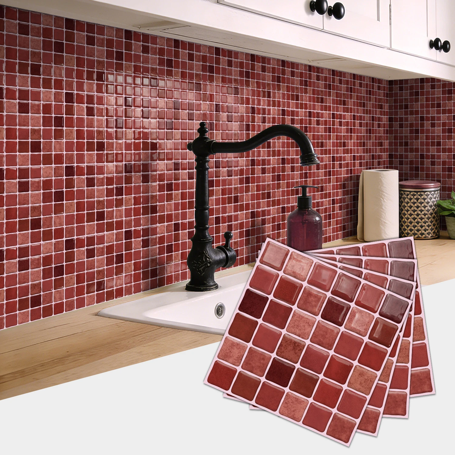 6 Inch Warm Red Mosaic 3D Tile Stickers, Waterproof Kitchen Island & Bathroom Wall Decals