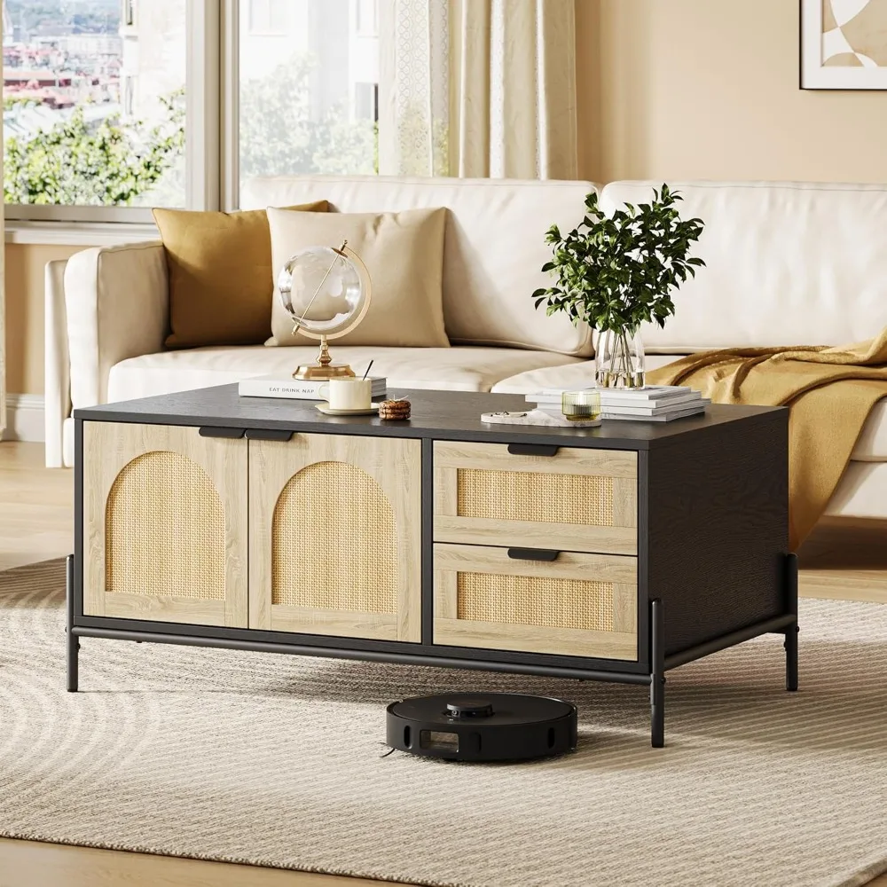 

Rattan Coffee Table with LED Lights for Living Room, Modern Coffee Tables with 2 Storage Drawers and 2 Arched Door