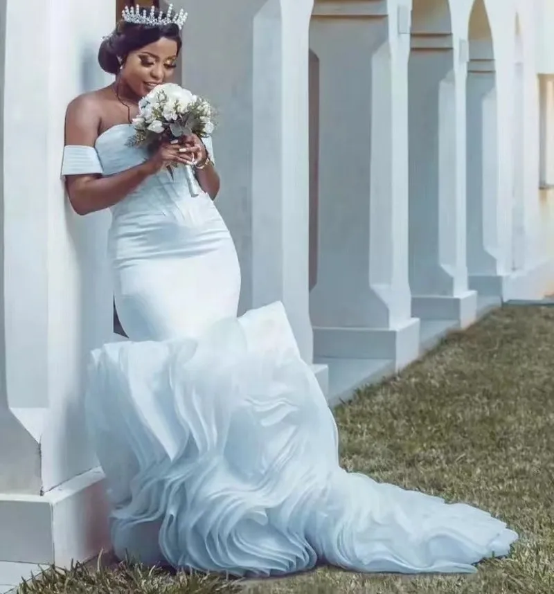 Modern African Mermaid Wedding Dress Off the Shoulder Lace Up Ruffles Train Organza Birde Bridal Gowns Vestido De Novia
