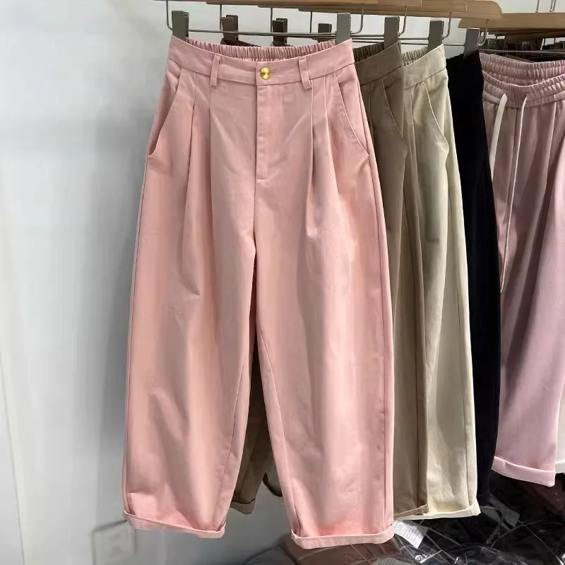 

Широкие брюки с высокой талией и девятью очками, повседневные брюки, женские летние брюки для поездок на работу, простые свободные брюки прямого кроя, модные брюки для папы