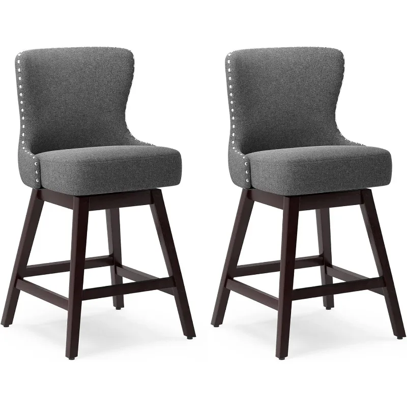 Counter Height Bar Stools Set of 2, 26" H Swivel Bar Stool with Back, Faux Leather Counter Stool, Solid Wood Legs