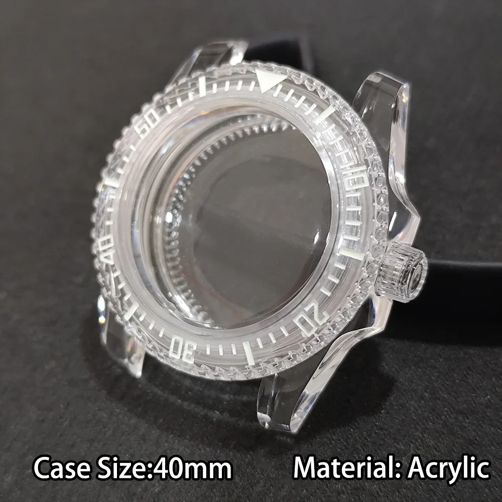 

40mm Watch Case Transparent Acrylic Suitable For NH35/36 Movement Watchs Accessories Case Luminous Green 20mm Strap High Quality