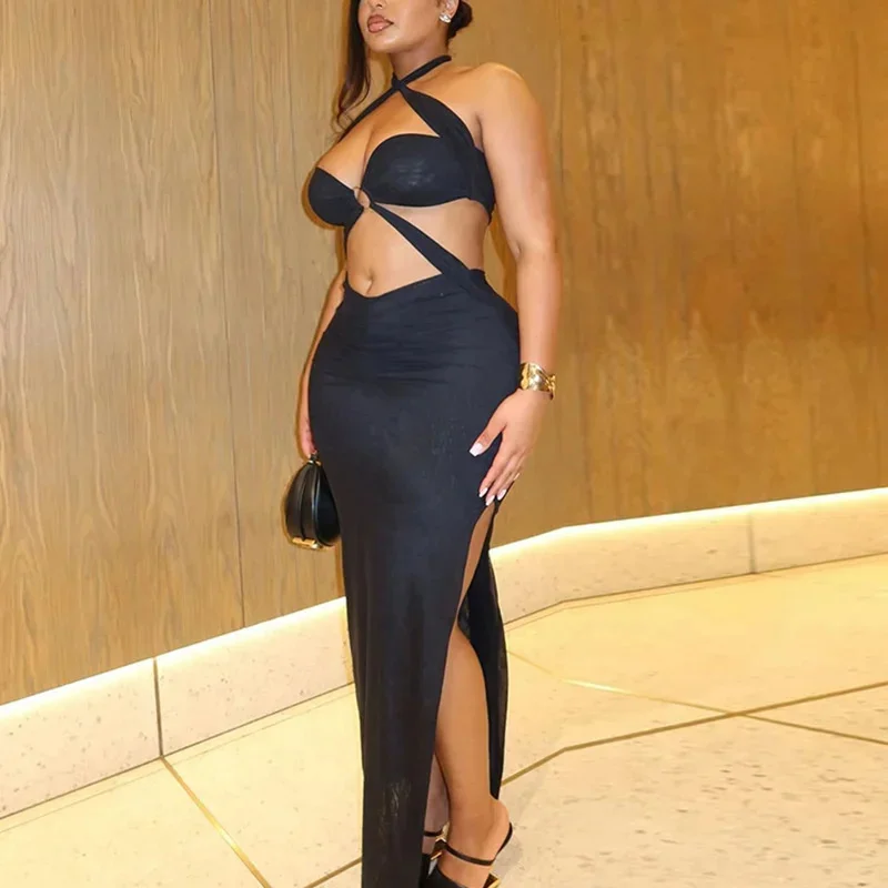 Vestido largo sexi con cuello Halter cruzado, vestido de noche ajustado con abertura larga y cintura sin espalda, detalle de anillo de Metal, Vestidos ajustados para dormir