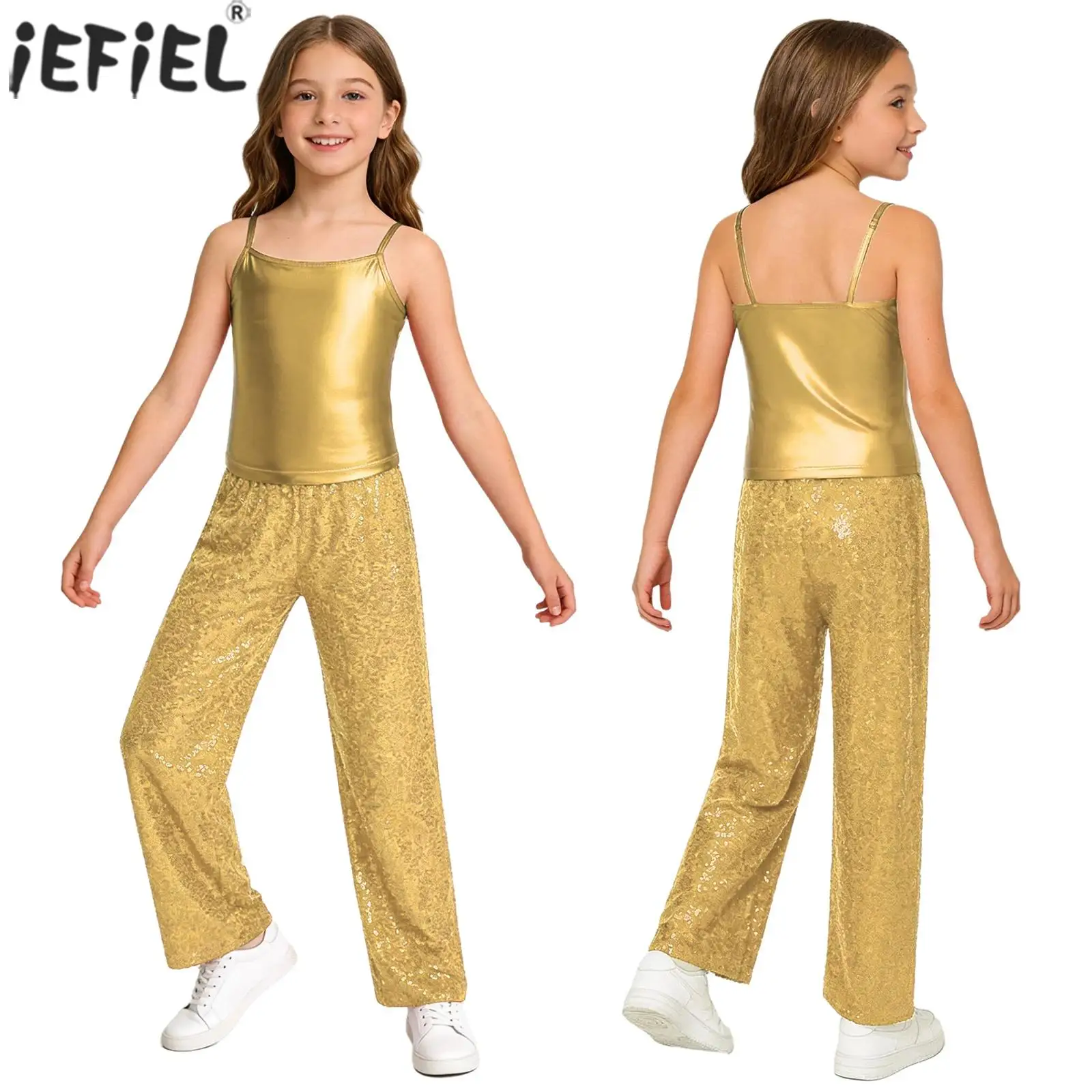 Kids Girls Jazz hip hop Dance Outfit Spaghetti Shoulder Straps Metallic Camisole top with Sequin Pants for stage Performance